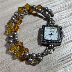 Swap Silver and Gold Beaded Watch Bracelet with Pearl Accents